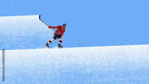 Photography Ice hockey player skating in modern collage on snowy surface