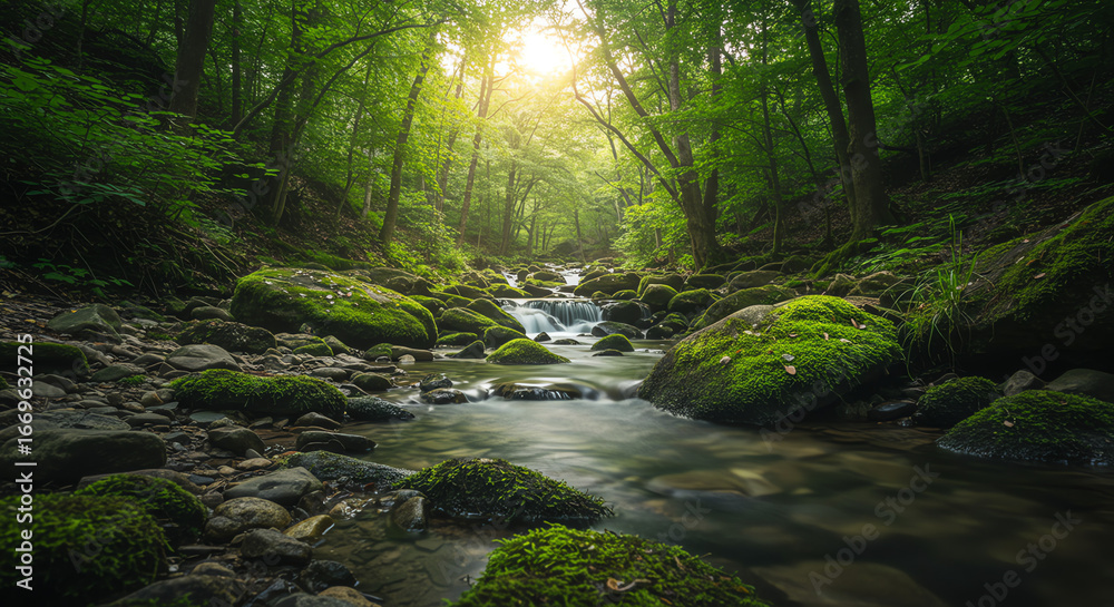 Obraz premium Stream flowing through mossy rocks in forest