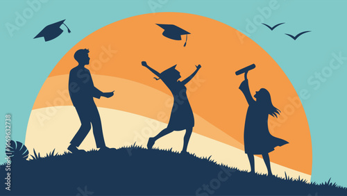 Graduation Celebration Silhouettes with Caps and Sunset Backdrop.