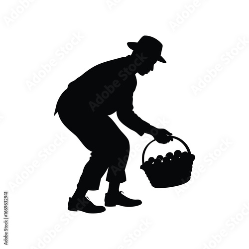 Silhouette of a man in a hat carrying a basket of eggs, farmer collecting eggs illustration silhouette
