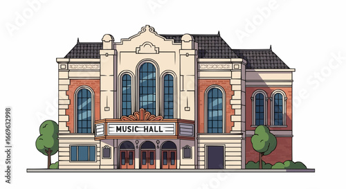 Front view of a vintage music hall building.