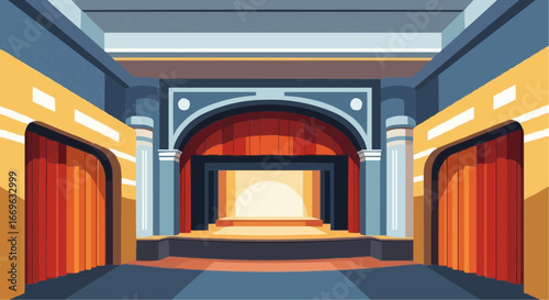 Illustration of a theater stage with red curtains and architectural details.