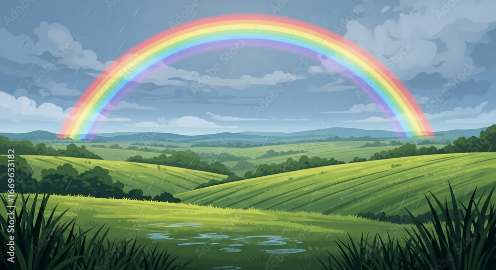Obraz premium Vibrant rainbow over rolling green hills landscape