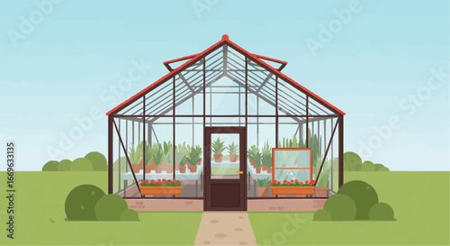 A detailed illustration of a modern greenhouse with plants and flowers inside and around it.