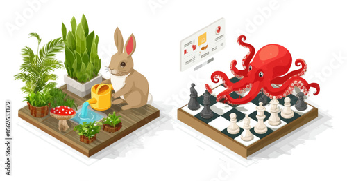 Cartoon 3D Scene with Rabbit, Plants, and Octopus Playing Chess