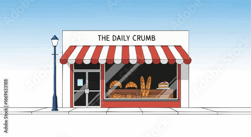 Front view of a bakery storefront with a red and white awning.
