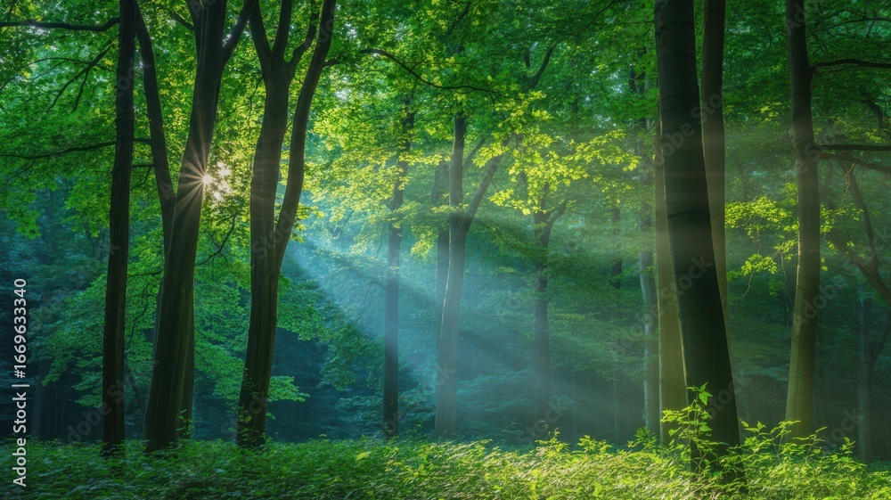 Obraz premium Sunbeams filter through the lush green canopy of a dense forest, illuminating the misty air and creating a serene, magical atmosphere in this natural woodland setting