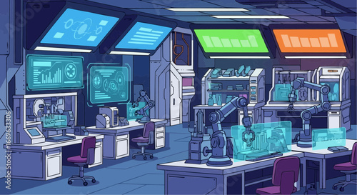 Modern futuristic technology lab with robots and computers.