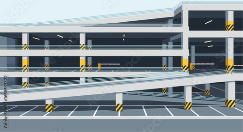 Modern multi-level parking garage with ramps and striped parking spaces.
