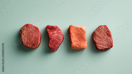 Four steaks showing different stages of meat decaying