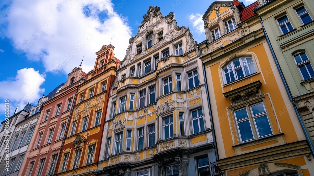Fototapeta premium Colorful European buildings, ornate facades, sunny day