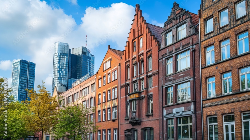 Fototapeta premium Colorful historic buildings alongside modern skyscrapers
