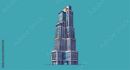 Tall Skyscraper Building with a Unique Architectural Design on Blue