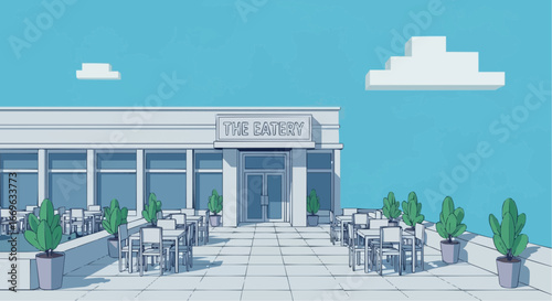 Exterior view of a modern restaurant with outdoor seating under a bright blue sky.