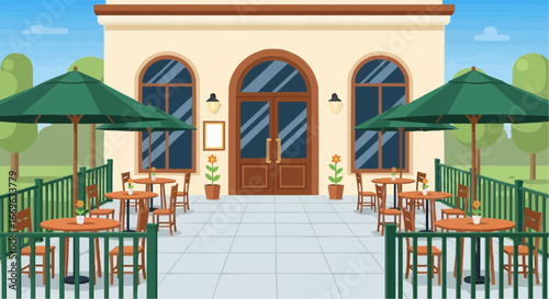 Outdoor patio cafe with tables, chairs, and umbrellas.