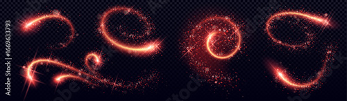 Glowing red sparkle magic trails with luminous curves and star bursts on transparent background. Fiery light streaks in swirling patterns with particles for fantasy effects or energy motion graphics