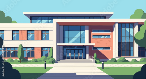 Flat design vector illustration of a modern school building exterior with a front lawn and clear sky background for educational concepts