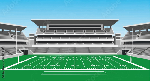 Vector illustration of an empty American football stadium. Green field, goalposts, and spectator stands under a clear blue sky. Ideal for sports and event design projects