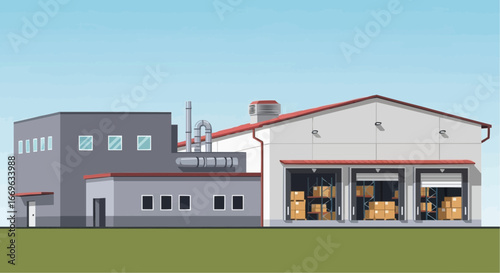 Illustration of a factory building with loading docks and stacked boxes inside.