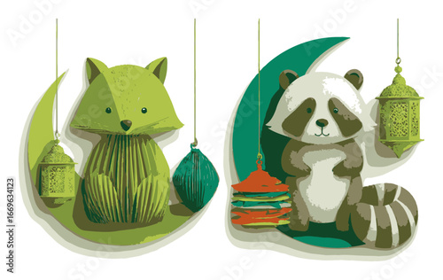 Whimsical Papercut Illustration of Fox and Raccoon with Lanterns