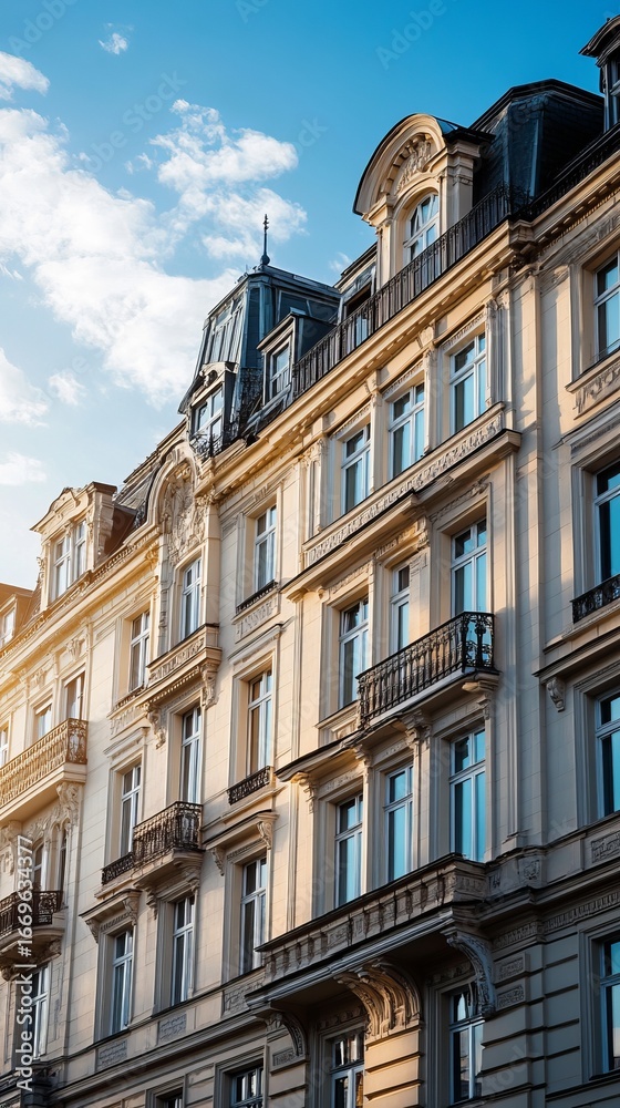Fototapeta premium Facade of historic European buildings, sun-drenched