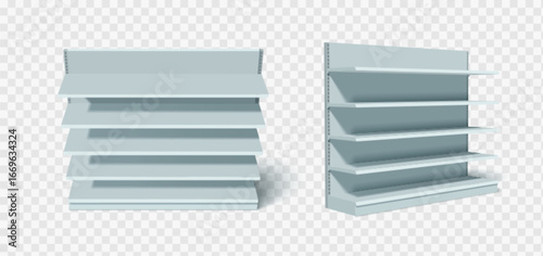 Store shelf supermarket display units with multiple gray blue metal tiers and adjustable bracket system for retail product presentation. Empty shelving structures from front and side perspective.