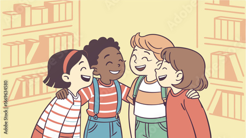 Happy Diverse Group of Children Embracing in Library Setting.
