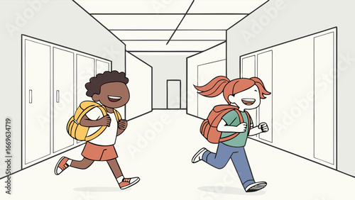 Happy schoolchildren running down school corridor.
