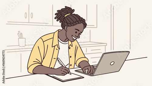 Happy young man with dreadlocks works on laptop and takes notes.