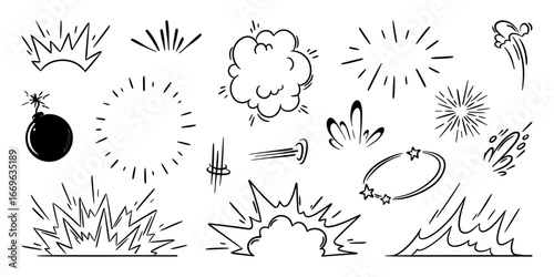 Comic pow effects with explosive bursts and action lines for cartoon illustration. Hand drawn bomb and clouds, stars and impact shapes with motion streaks. Dynamic graphic elements for superhero manga