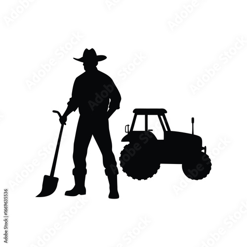 Silhouette of a farmer with shovel standing next to a tractor, farmer with tractor and plow illustration silhouette