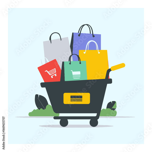 Colorful Cartoon Shopping Cart with Trendy Bags Against a Light Background