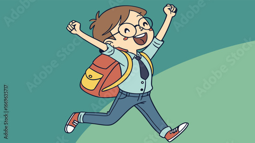 Joyful Schoolboy Running with Backpack Glasses and Tie.