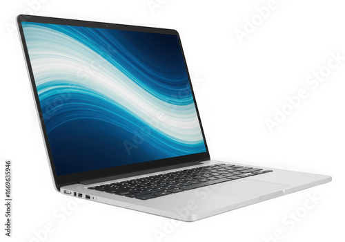 Wallpaper Mural Modern silver laptop displaying a blue and white abstract wave screen Torontodigital.ca