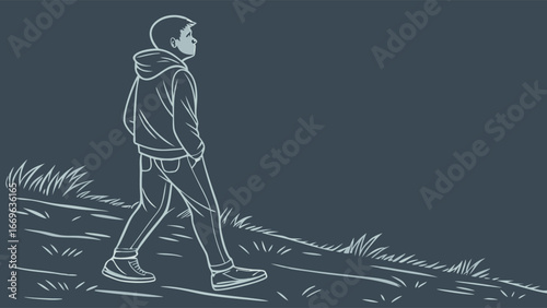 Line Art Illustration of a Young Man Walking Outdoors.