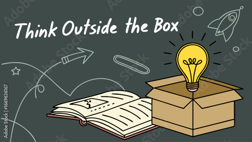Lightbulb Shining Brightly Outside of a Cardboard Box Next to an Open Book.
