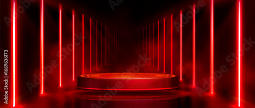 Game product podium with neon light corridor and circular platform for tech showcases. Red laser bars frame black stage with glowing rings for futuristic presentations. Cyberpunk exhibition space.