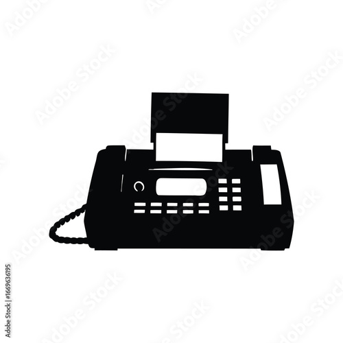 Black silhouette of a fax machine with a paper coming out of it, fax machine illustration silhouette