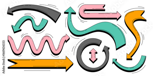 Playful retro arrow set with colorful curved and wavy directional elements for dynamic design. Pastel hues pointers with motion lines. Hand drawn navigation symbol for infographics or presentations