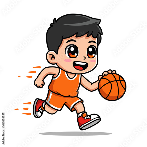 Cute boy basketball player dribbling the ball