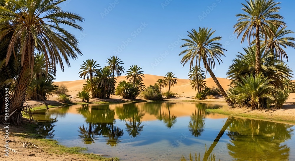 Obraz premium An oasis with palm trees in the desert