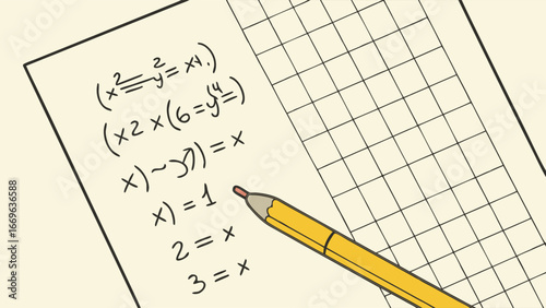 Math Equations on Paper with Yellow Pencil Education and Learning Concept.