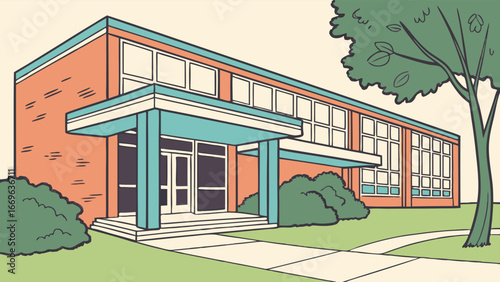 MidCentury Modern School Building Illustration.
