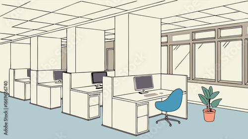 Modern Office Cubicles with Desks Computers and Chair.