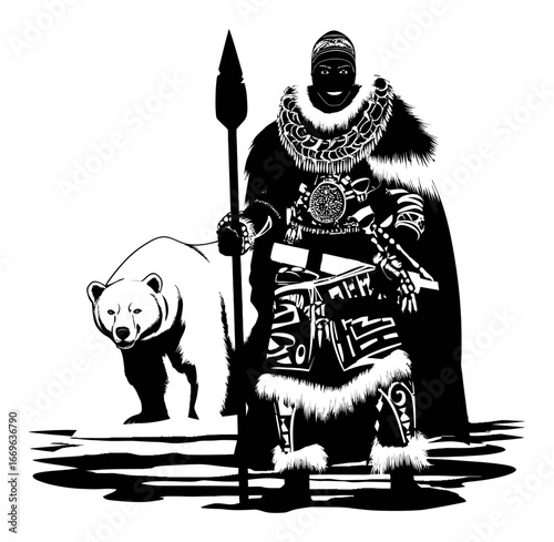 Hand Drawn Black Silhouette of Warrior with Bear and Spear in Nature Scene