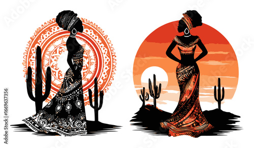 Elegant Silhouettes of Women Against Sunset and Desert Elements