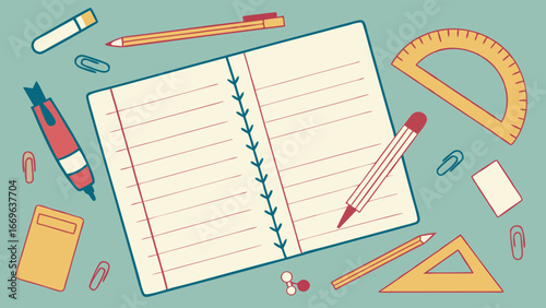 Open Notebook with School Supplies Illustration on a Light Blue Background.