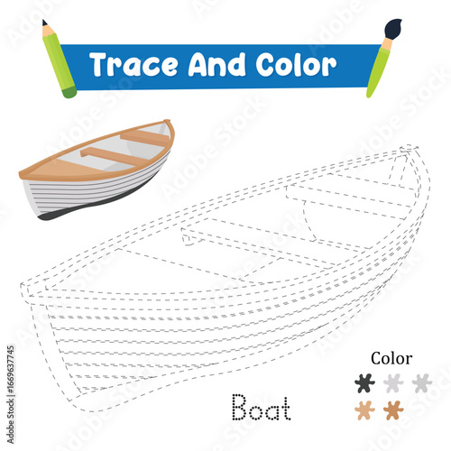 Trace And Color Boat Hand Practice. Vector illustration
