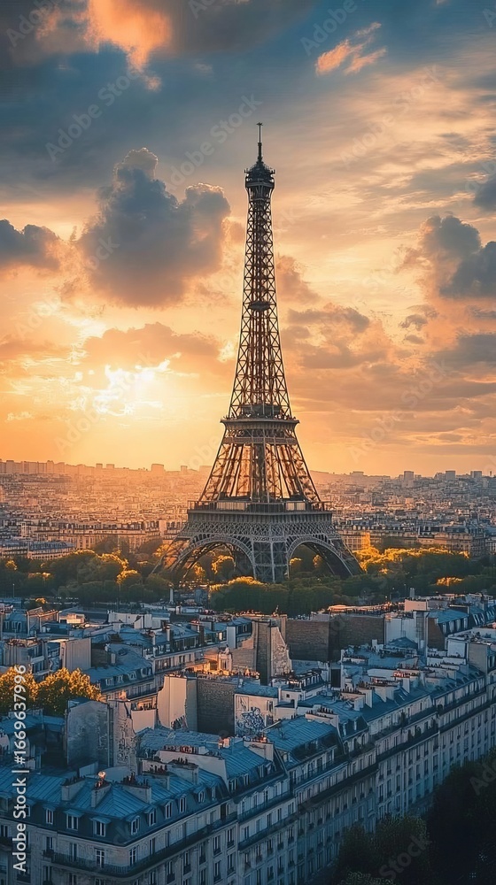 Obraz premium Eiffel Tower at sunrise over Paris cityscape