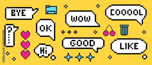White chat bubbles with pixel y2k speech expressions and casual text on yellow bg. Retro messaging elements with fruit icons, hearts and computer interface symbols for nostalgic digital design.